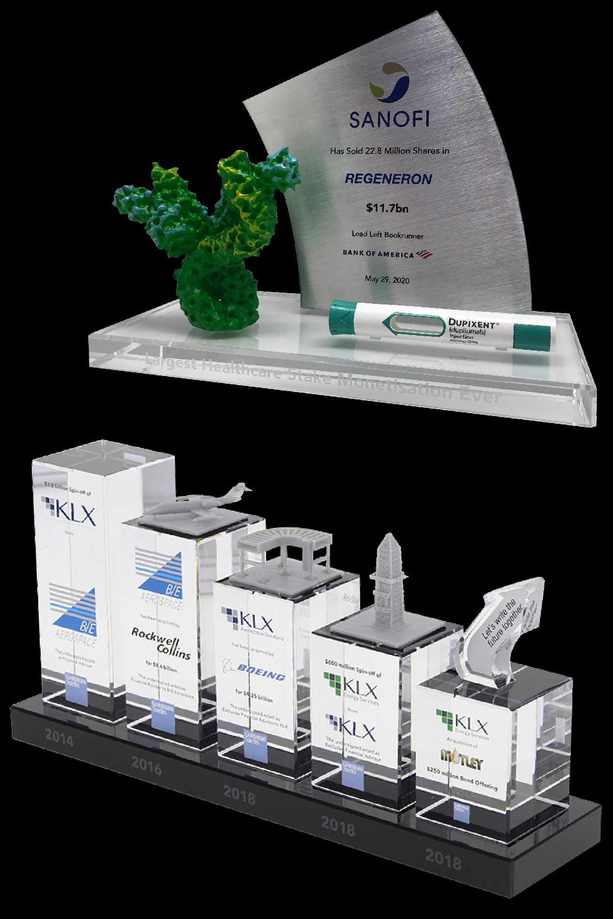 Custom Deal Toy and Financial Tombstone for medical company mergers